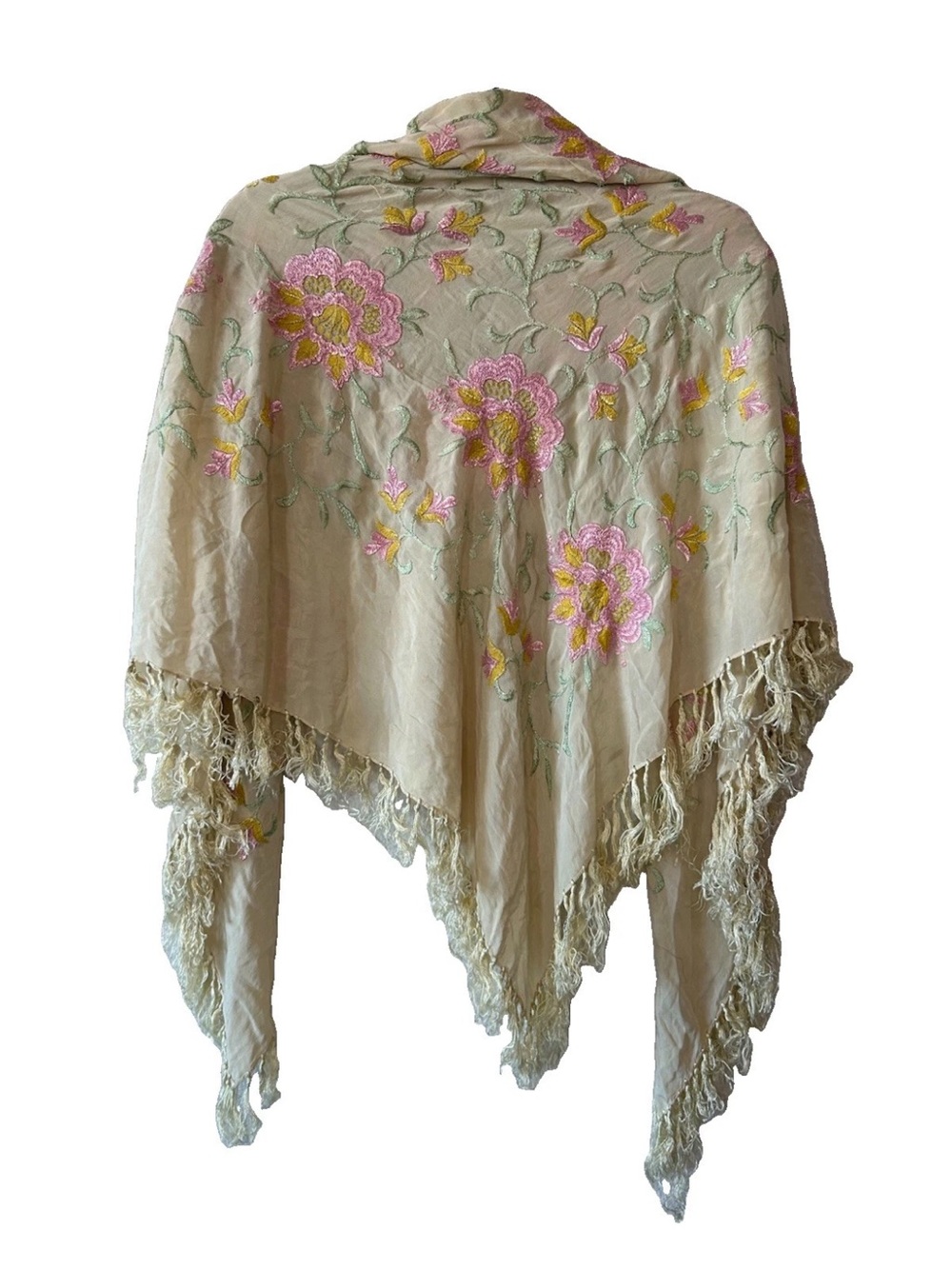 Vintage Cream Floral Embroidered Fringed Piano Shawl with Pink & Yellow Flowers